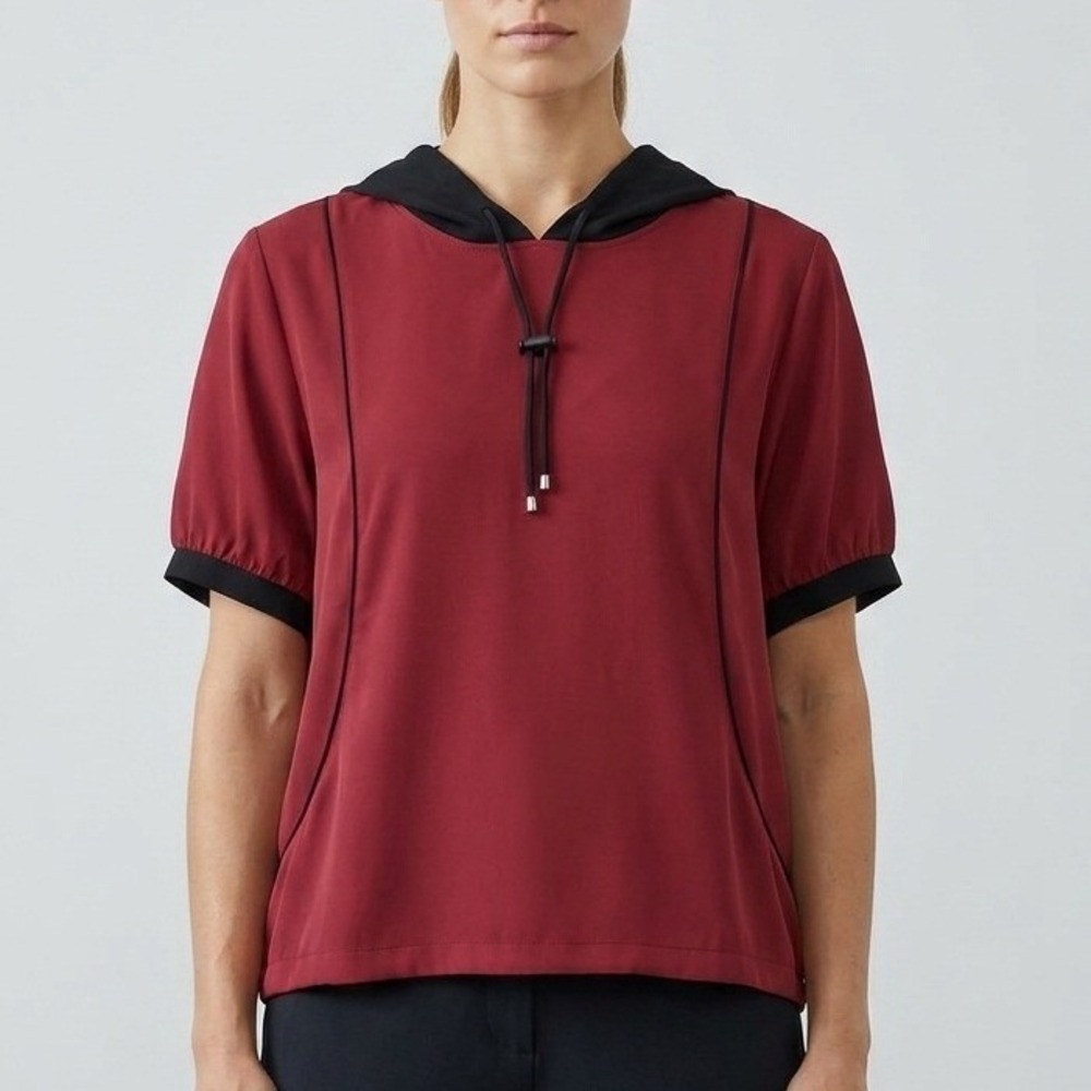 Women Silk Blend Hooded Blouse Burgundy Red Black Piping Short Sleeve Top 4XL